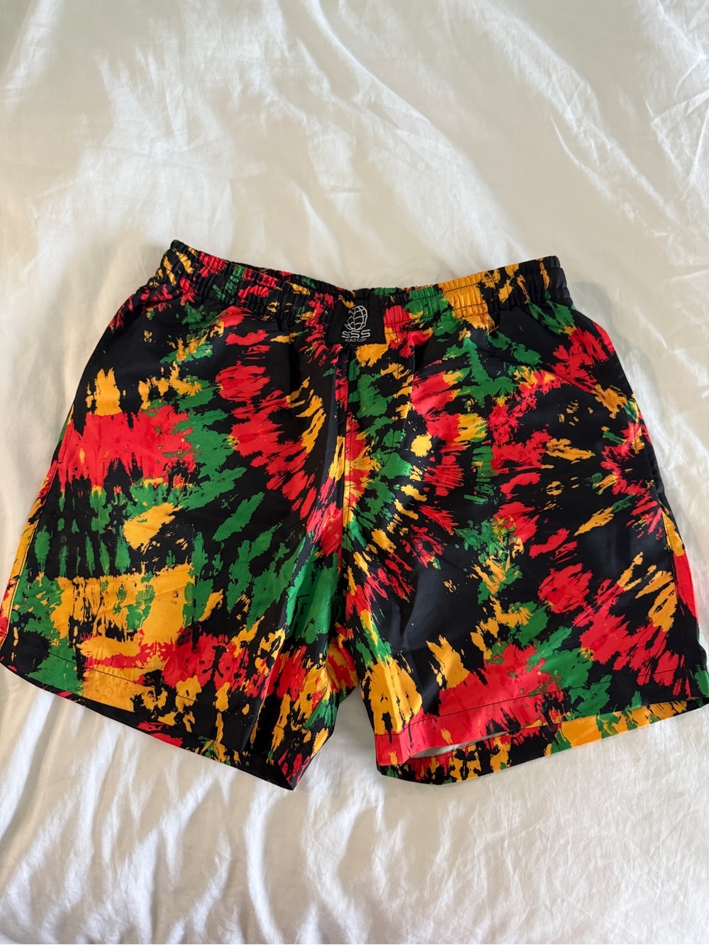 Tie-Dye Black Swim Trunks with Red, Green & Yellow Accents